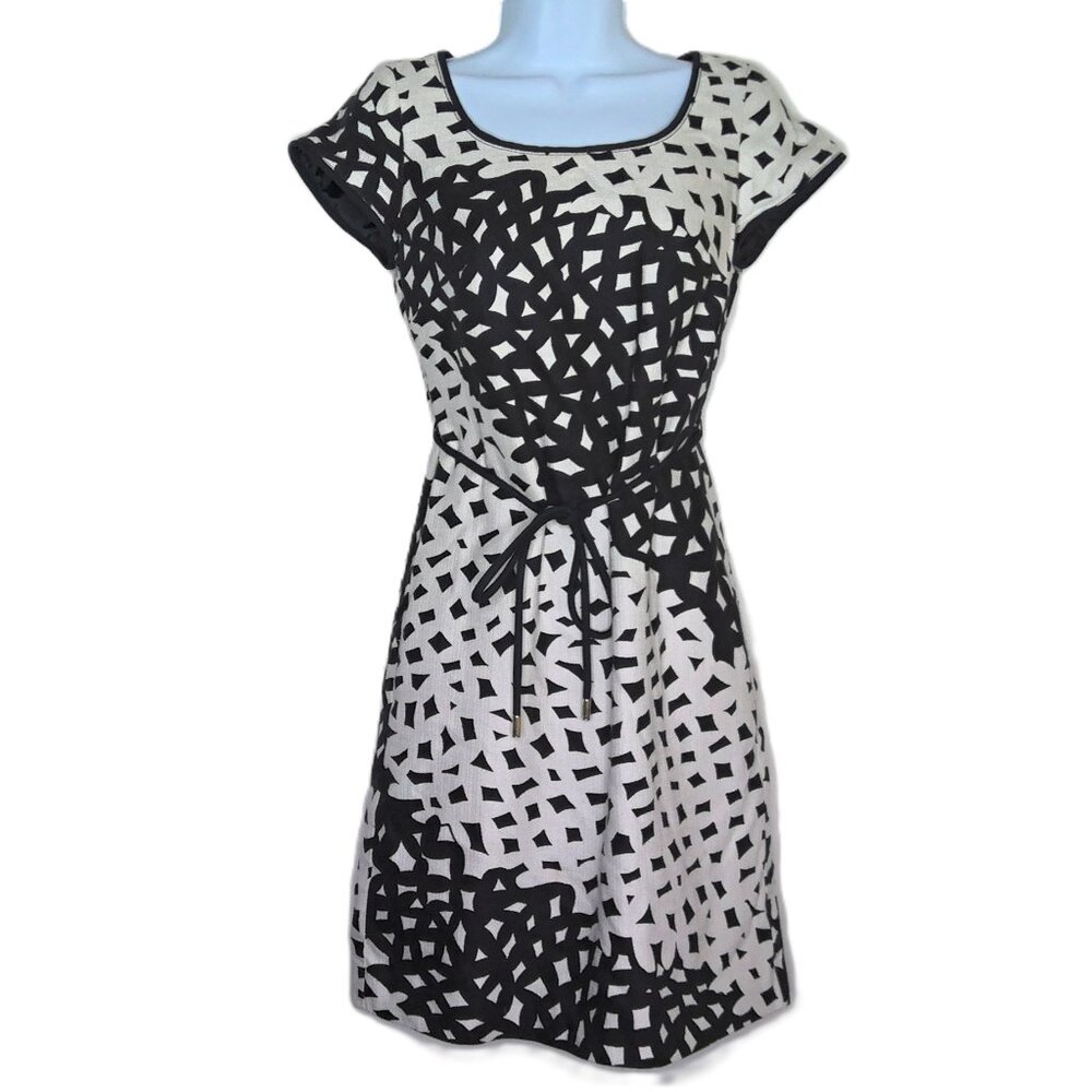 Talbots Petite Dress Black & Cream Sheath Short Sleeve Career Lined Textured 2P